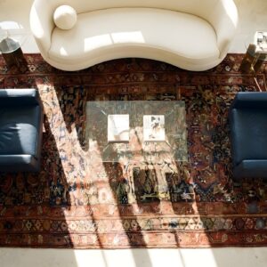 Antique Kurdish Carpet Wool Brown Rug (SKU 22847) - styled overhead view