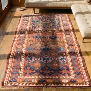 Antique Kurdish Wool Coral Rug (SKU 22860) - styled overhead view