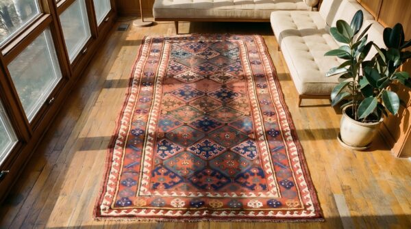 Antique kurdish wool coral rug 2 Antique kurdish wool coral rug (sku 22860) - styled overhead view