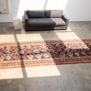 Antique Kurdish Hallway Runner Wool Blue Allover Rug (SKU 21098) - styled overhead view