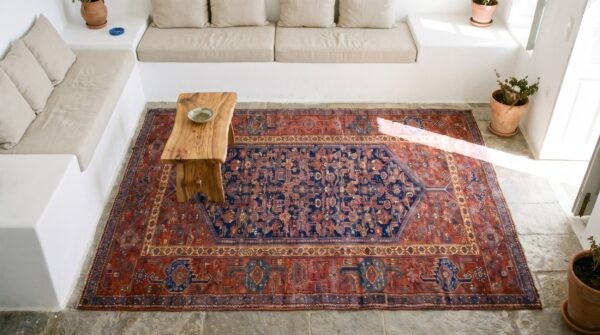 Antique kurdish hallway runner wool blue tribal rug 2 Antique kurdish hallway runner wool blue tribal rug (sku 18190) - styled overhead view
