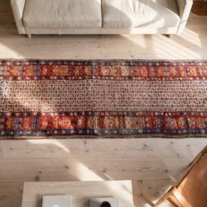 Antique Kurdish Hallway Runner Wool Ivory Rug (SKU 17385) - styled overhead view