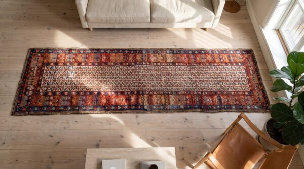 Antique kurdish hallway runner wool ivory rug (sku 17385) - styled overhead view