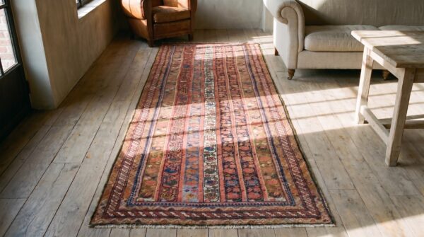 Antique kurdish hallway runner wool multicolor rug (sku 20025) - styled overhead view