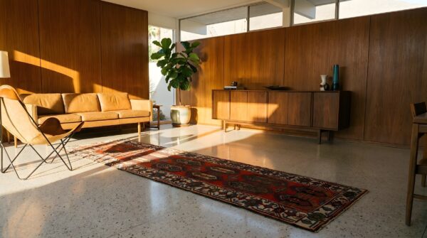 Antique kurdish hallway runner wool red rug (sku 23999) - styled overhead view
