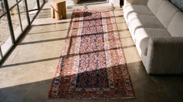 Antique kurdish persian allover floral hand knotted hallway runner rug 2 Antique kurdish persian allover floral hand knotted hallway runner rug (sku 21398) - styled overhead view
