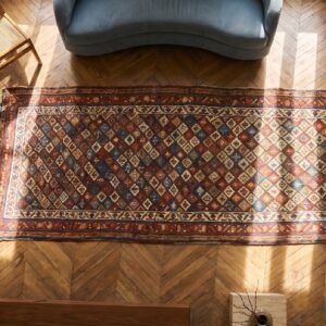 Antique Kurdish Persian Hallway Runner Rug - Allover Tribal Geometric Diamond Pattern (SKU 17884) - styled overhead view