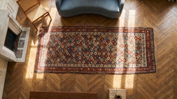 Antique kurdish persian hallway runner rug - allover tribal geometric diamond pattern 2 Antique kurdish persian hallway runner rug - allover tribal geometric diamond pattern (sku 17884) - styled overhead view