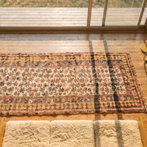 Antique Kurdish Persian Ivory Tribal Floral Hallway Runner Rug (SKU 19579) - styled overhead view