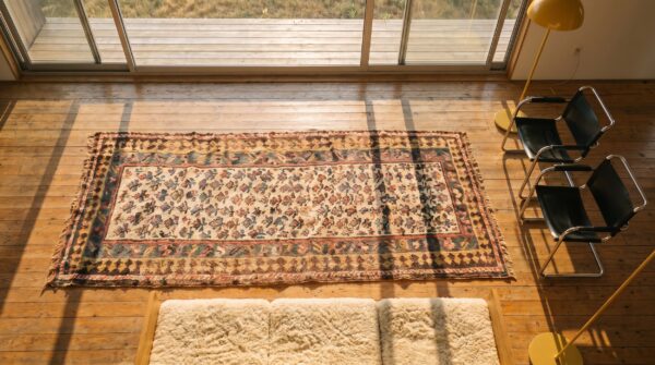 Antique kurdish persian ivory tribal floral hallway runner rug 2 Antique kurdish persian ivory tribal floral hallway runner rug (sku 19579) - styled overhead view