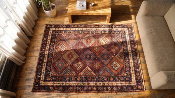 Antique kurdish persian multicolor 1890s square rug (sku 20102) - styled overhead view