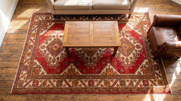 Antique kurdish persian square rug - light earthy brown tribal weaving 2 Antique kurdish persian square rug - light earthy brown tribal weaving (sku 20088) - styled overhead view