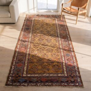 Antique Kurdish Persian Yellow 1880s Hallway Runner Rug (SKU 19020) - styled overhead view