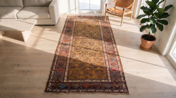 Antique kurdish persian yellow 1880s hallway runner rug 2 Antique kurdish persian yellow 1880s hallway runner rug (sku 19020) - styled overhead view