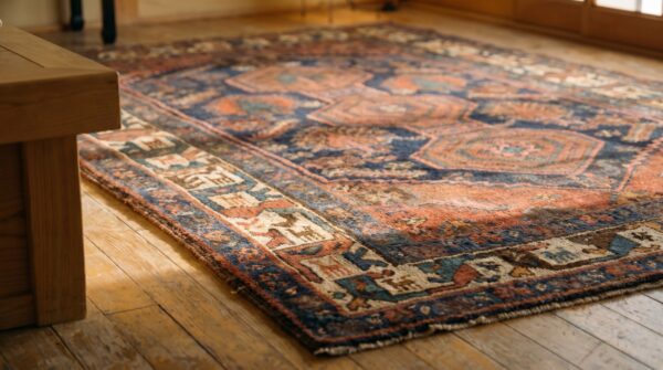 Antique kurdish small scatter size wool blue rug 7 Antique kurdish small scatter size wool blue rug (sku 19630) - in-room detail
