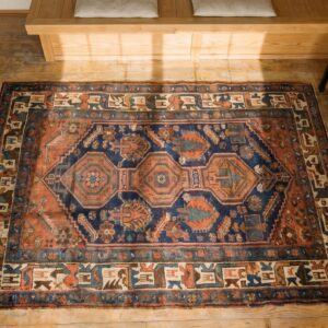 Antique Kurdish Small Scatter Size Wool Blue Rug (SKU 19630) - styled overhead view