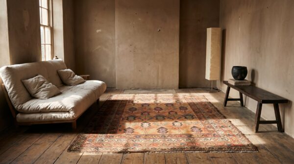 Antique kurdish small scatter size wool coral rug 4 Antique kurdish small scatter size wool coral rug (sku 18133) - room view