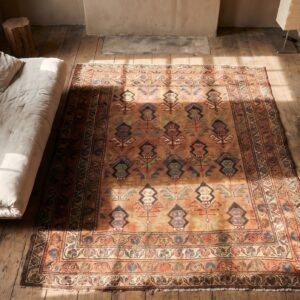 Antique Kurdish Small Scatter Size Wool Coral Rug (SKU 18133) - styled overhead view