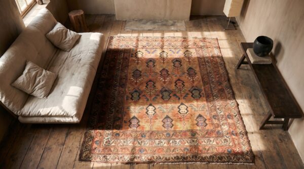 Antique kurdish small scatter size wool coral rug 2 Antique kurdish small scatter size wool coral rug (sku 18133) - styled overhead view