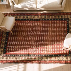 Antique Kurdish Small Scatter Size Wool Yellow Rug (SKU 23666) - styled overhead view