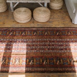 Antique Kurdish Tribal Striped Shawl Pattern Hallway Runner Persian Rug (SKU 19250) - styled overhead view