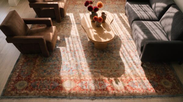 Antique lahore indian knotted rug with allover floral pattern 2 Antique lahore indian knotted rug with allover floral pattern (sku 23314) - styled overhead view