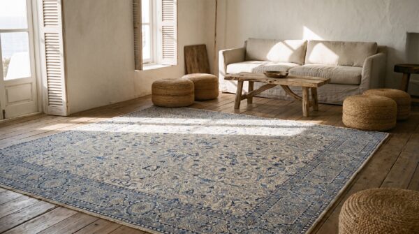 Antique lahore indian ivory 1920s square rug 12 Antique lahore indian ivory 1920s square rug (sku 20437) - room view