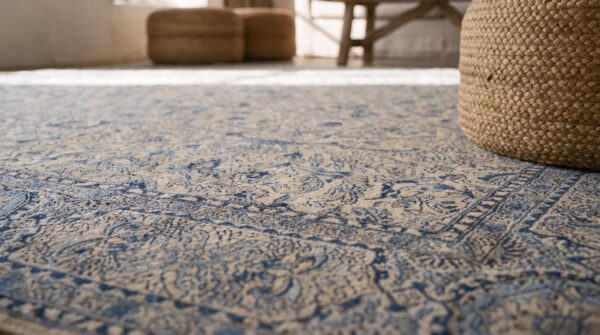 Antique lahore indian ivory 1920s square rug 13 Antique lahore indian ivory 1920s square rug (sku 20437) - in-room detail