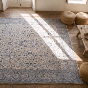 Antique Lahore Indian Ivory 1920s Square Rug (SKU 20437) - styled overhead view