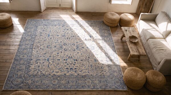 Antique lahore indian ivory 1920s square rug 2 Antique lahore indian ivory 1920s square rug (sku 20437) - styled overhead view