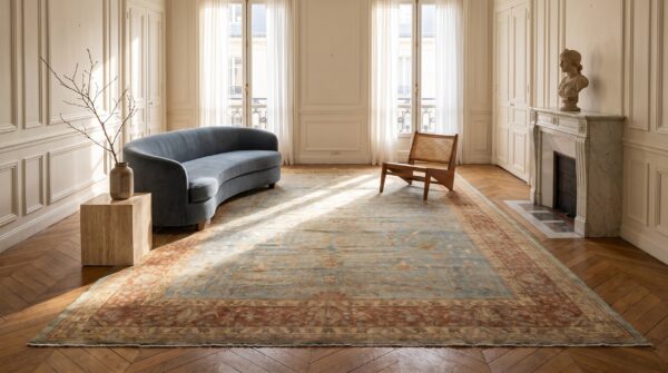 Antique lahore large room size wool blue rug 6 Antique lahore large room size wool blue rug (sku 20227) - room view