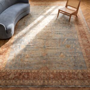 Antique Lahore Large Room Size Wool Blue Rug (SKU 20227) - styled overhead view