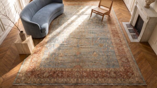 Antique lahore large room size wool blue rug 2 Antique lahore large room size wool blue rug (sku 20227) - styled overhead view