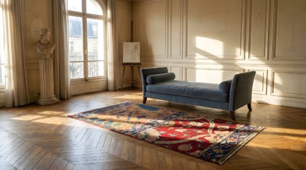 Antique lahore small scatter size wool coral rug (sku 25670) - room view