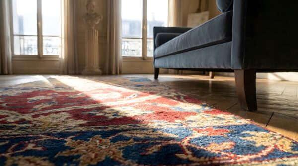 Antique lahore small scatter size wool coral rug (sku 25670) - in-room detail