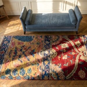 Antique Lahore Small Scatter Size Wool Coral Rug (SKU 25670) - styled overhead view