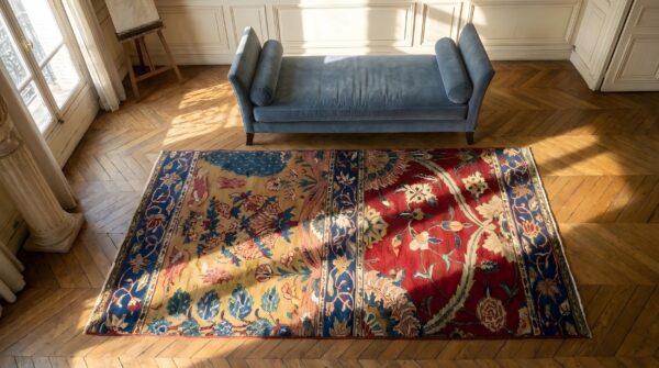 Antique lahore small scatter size wool coral rug (sku 25670) - styled overhead view
