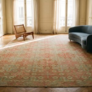 Large Antique 19th Century Allover Geometric French Flatweave Needlepoint Carpet in Coral (SKU 17484) - room view
