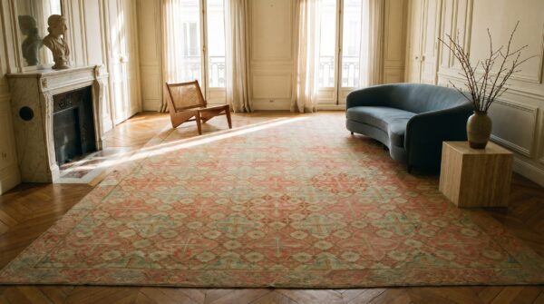 Large antique 19th century allover geometric french flatweave needlepoint carpet in coral 9 Large antique 19th century allover geometric french flatweave needlepoint carpet in coral (sku 17484) - room view