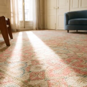 Large Antique 19th Century Allover Geometric French Flatweave Needlepoint Carpet in Coral (SKU 17484) - in-room detail