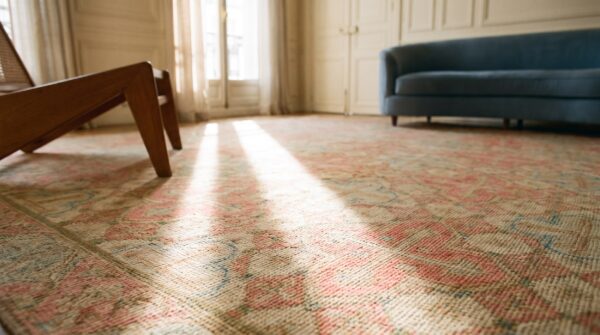 Large antique 19th century allover geometric french flatweave needlepoint carpet in coral 10 Large antique 19th century allover geometric french flatweave needlepoint carpet in coral (sku 17484) - in-room detail
