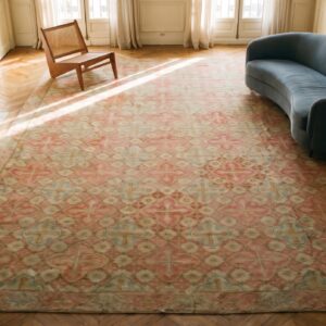 Large Antique 19th Century Allover Geometric French Flatweave Needlepoint Carpet in Coral (SKU 17484) - styled overhead view