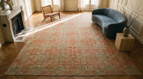 Large antique 19th century allover geometric french flatweave needlepoint carpet in coral 2 Large antique 19th century allover geometric french flatweave needlepoint carpet in coral (sku 17484) - styled overhead view