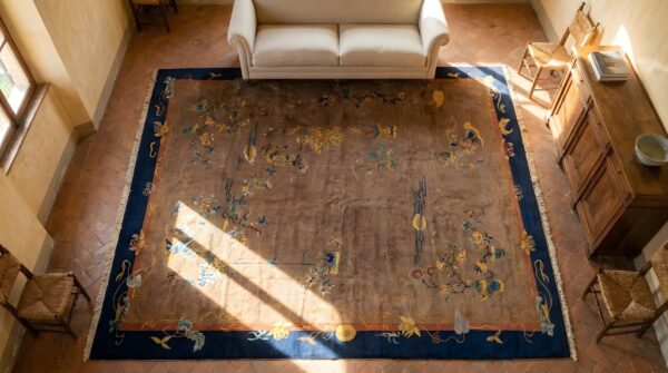 Antique large hand knotted pile rug (sku 24290) - styled overhead view