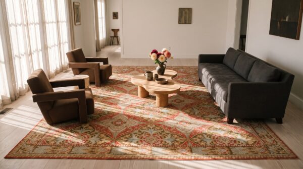 Antique large allover floral flat weave coral rug 6 Antique large allover floral flat weave coral rug (sku 23454) - room view