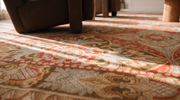 Antique large allover floral flat weave coral rug 7 Antique large allover floral flat weave coral rug (sku 23454) - in-room detail