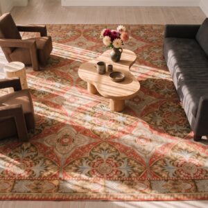 Antique Large Allover Floral Flat Weave Coral Rug (SKU 23454) - styled overhead view