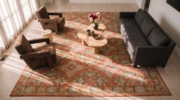 Antique large allover floral flat weave coral rug 2 Antique large allover floral flat weave coral rug (sku 23454) - styled overhead view