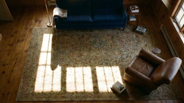 Antique large amritsar indian allover knotted rug (sku 23884) - styled overhead view