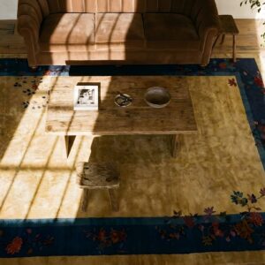 Antique Large Art Deco Chinese Floral Knotted Rug (SKU 24763) - styled overhead view